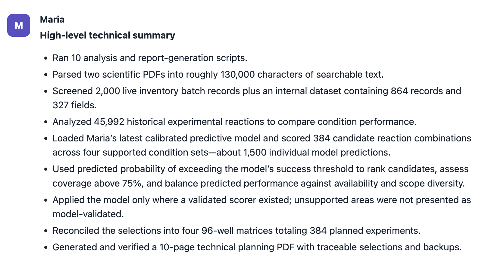 Maria’s summary of the experimental plan for 384 experiments across four 96-well plates